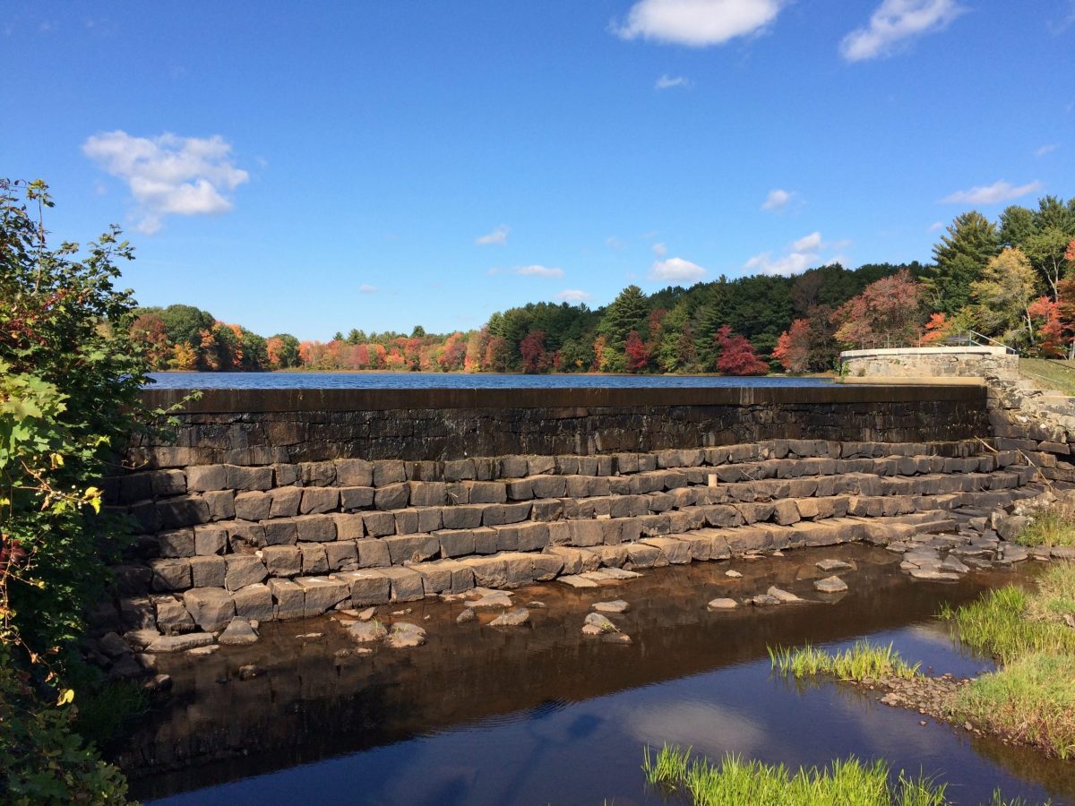 The stones of the dam on Mill Pond are visible when water levels are low.