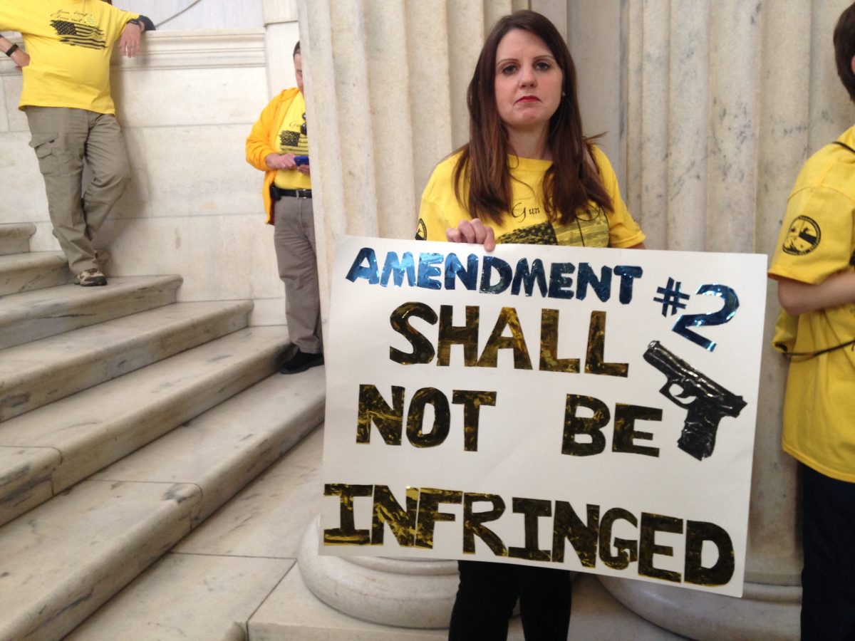 Julie Driscoll of Bradford Rhode Island stands with a sign at the RI Statehouse.