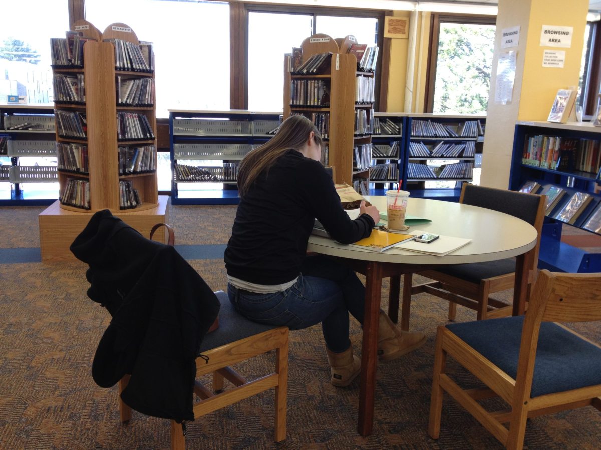 A student working in the library at Rhode Island College.
