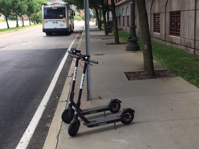 Bird scooters sit on a sidewalk in downtown Providence.