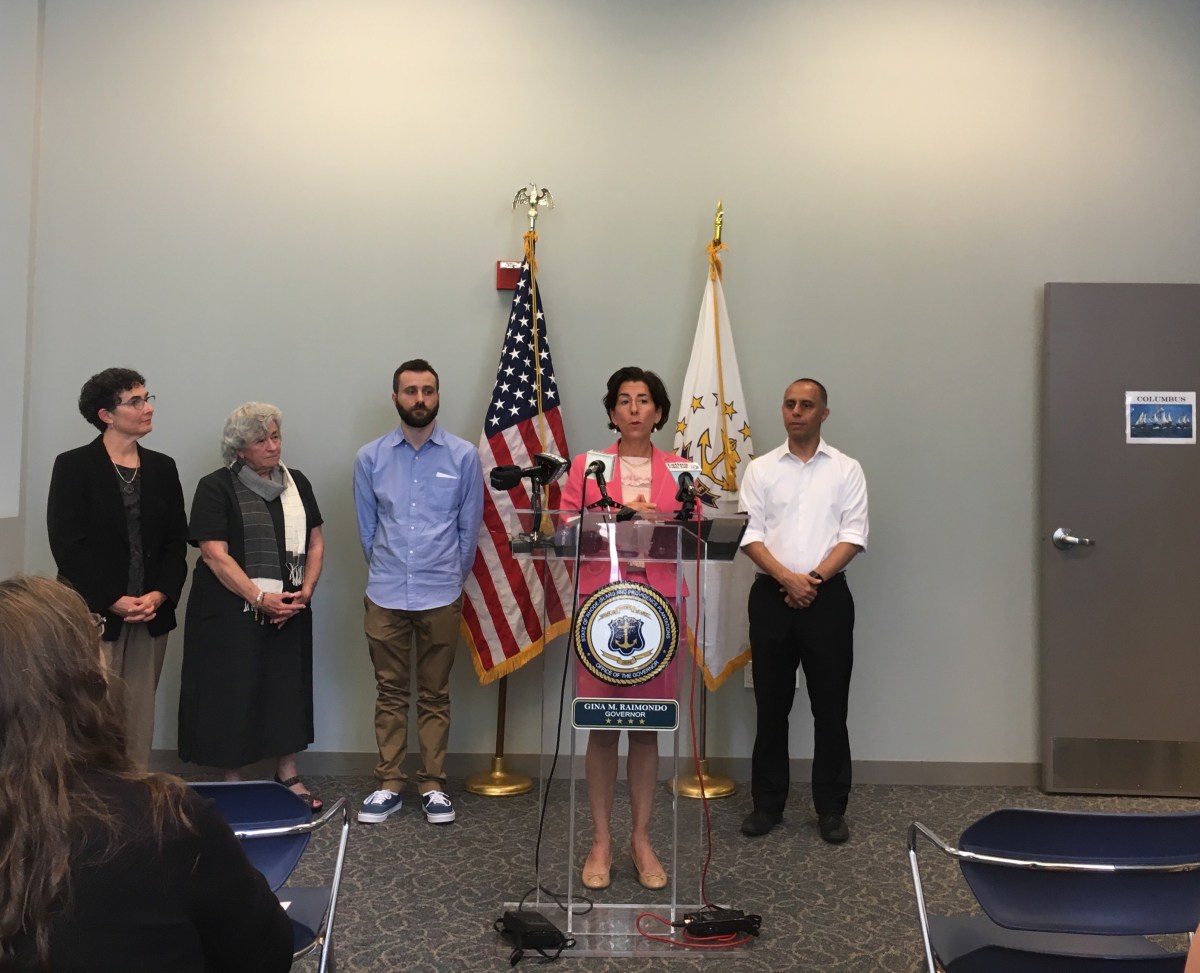 Gov. Gina Raimondo, with Providence Mayor Jorge Elorza (right), announces recovery jobs initiative at Providence netWORKri Center
