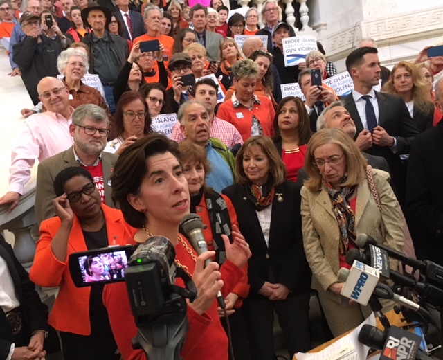 Gov. Raimondo speaking during a Statehouse rally in February against gun-related violence.