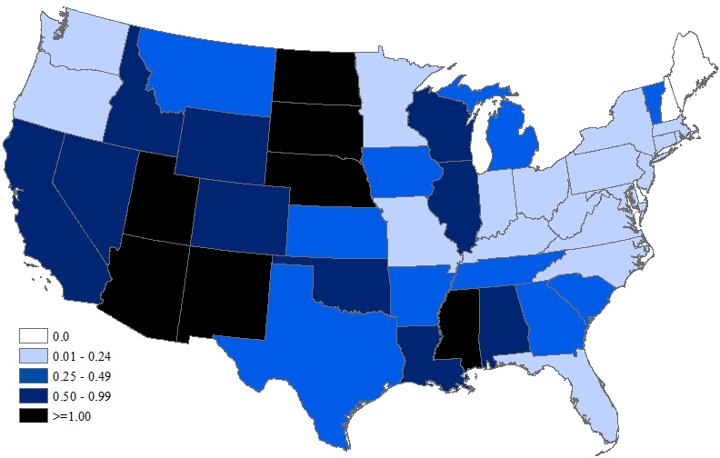 West Nile disease incidence by state, as of January 9, 2018.