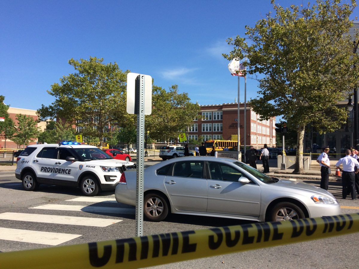 The scene of a deadly shooting outside the Providence Career and Technical Academy and Central High School.