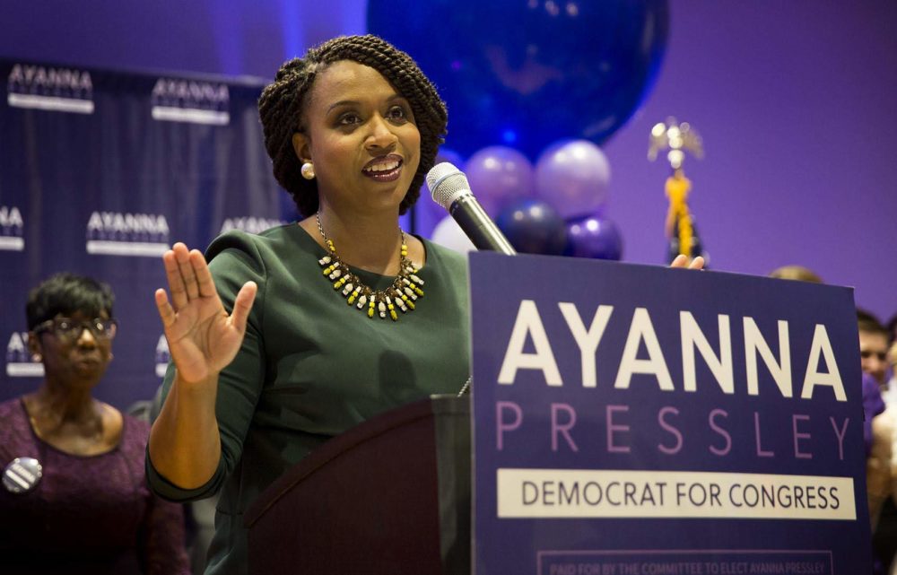 Ayanna Pressley addresses supporters celebrating her primary win.