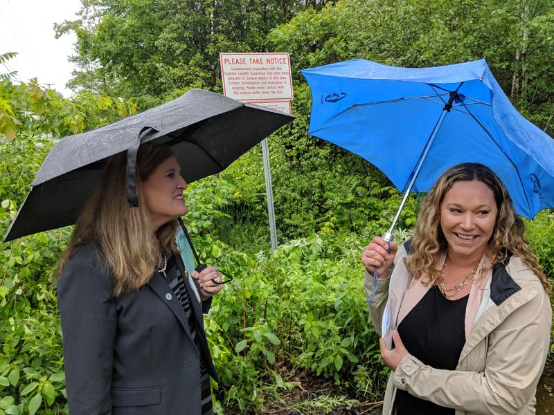 New England EPA Administrator Alexandra Dunn, left, talks with Seacoast chemical cleanup activist Jillian Lane after a joint press conference near the Coakley Landfill in June.