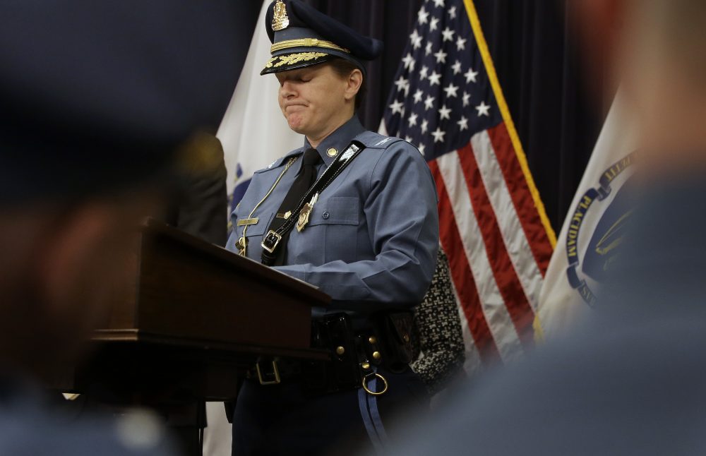 Massachusetts State Police Col. Kerry Gilpin faces reporters during a news conference April 2 at the State House.