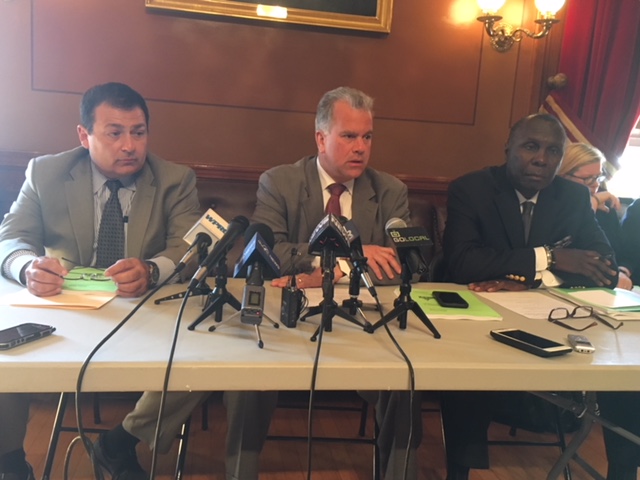 Mattiello (center) with Shekarchi (left) and House Finance Chairman Marvin Abney