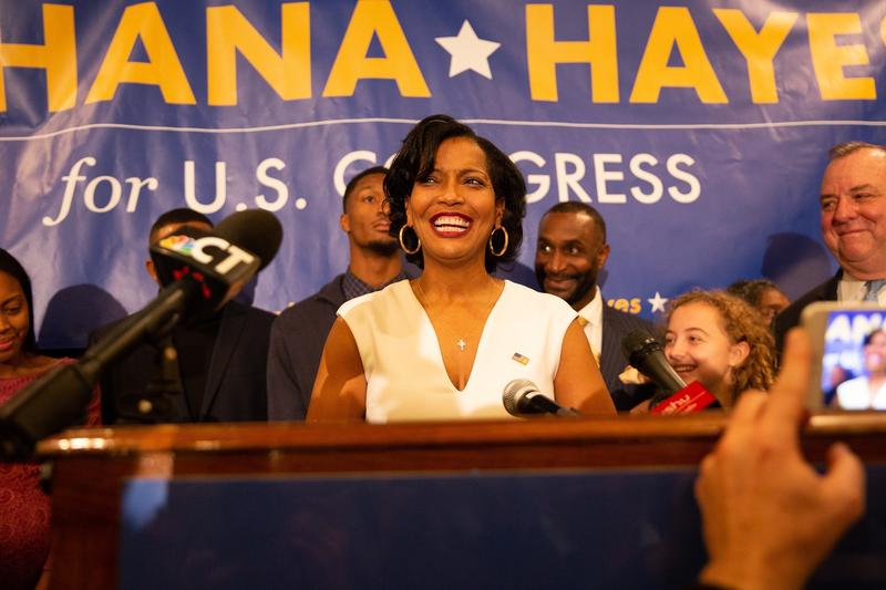 Congresswoman-elect Jahana Hayes addresses her supporters at her campaign headquaters in Waterbury Tuesday night.