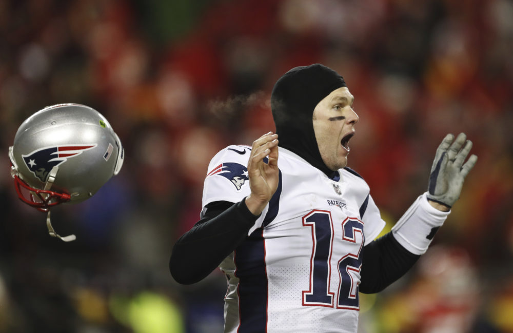 New England Patriots quarterback Tom Brady celebrates after defeating the Kansas City Chiefs in the AFC Championship NFL football game, Sunday, Jan. 20, 2019, in Kansas City, Mo.