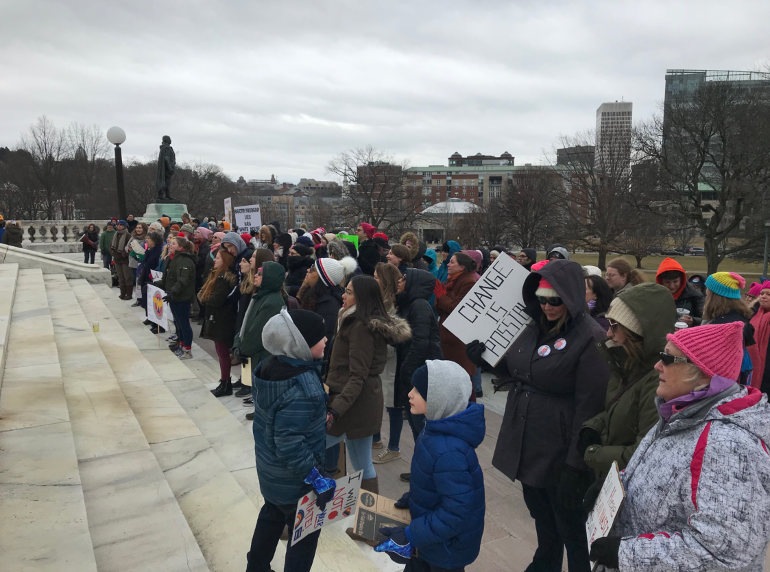 Women's March protesters on the steps of the Rhode Island Statehouse, January 19, 2019.