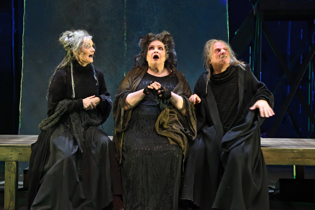 Left to Right: Jeanine Kane, Janice Duclos, and Stephen Berenson as The Witches. By William Shakespeare. Directed by Curt Columbus. Set design by Michael McGarty, costume design by Andrew Jean, lighting design by Oona Curley, and sound design by Peter Sasha Hurowitz.