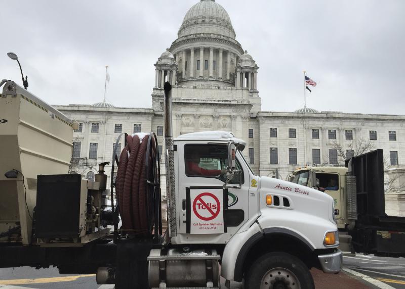 Truck drivers participate in a 2016 protest in Providence, R.I., against highway truck tolls.