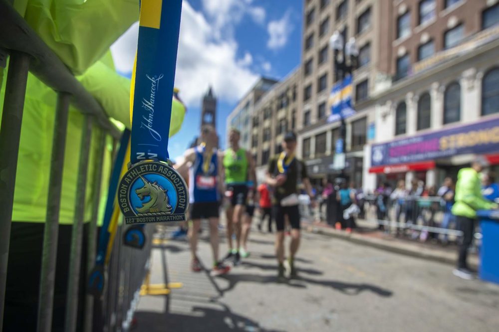 A Boston Marathon medal waits for a finisher.