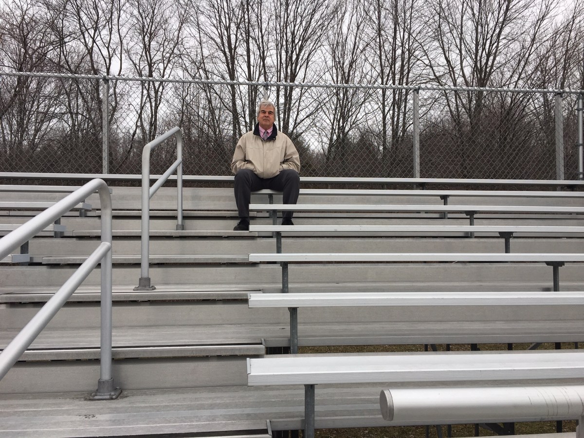 Mark Levesque, athletic trainer, in the stands at Tucker Field, Cumberland, where Rena Fleury collapsed.