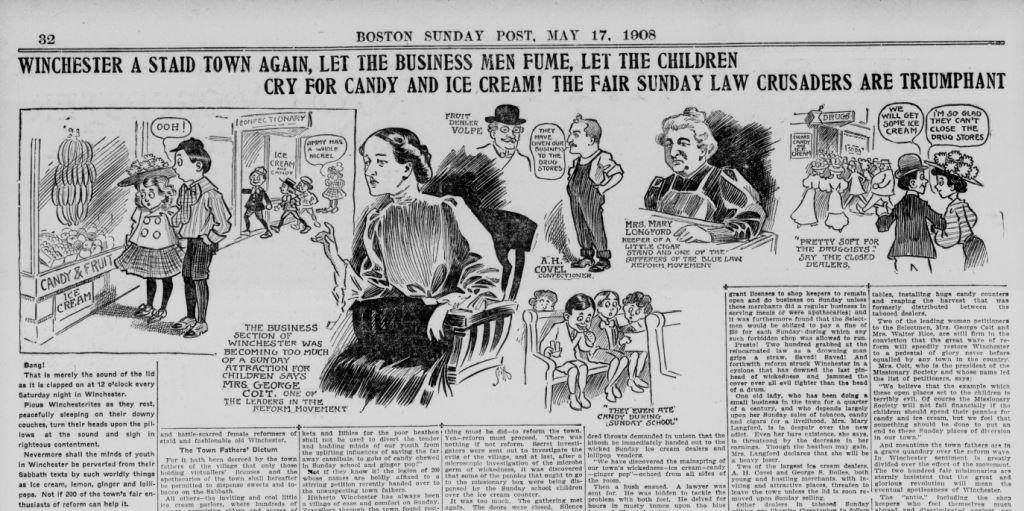 A page from the Boston Sunday Post on May 16, 1908, describes Winchester's fight over serving ice cream on Sunday.