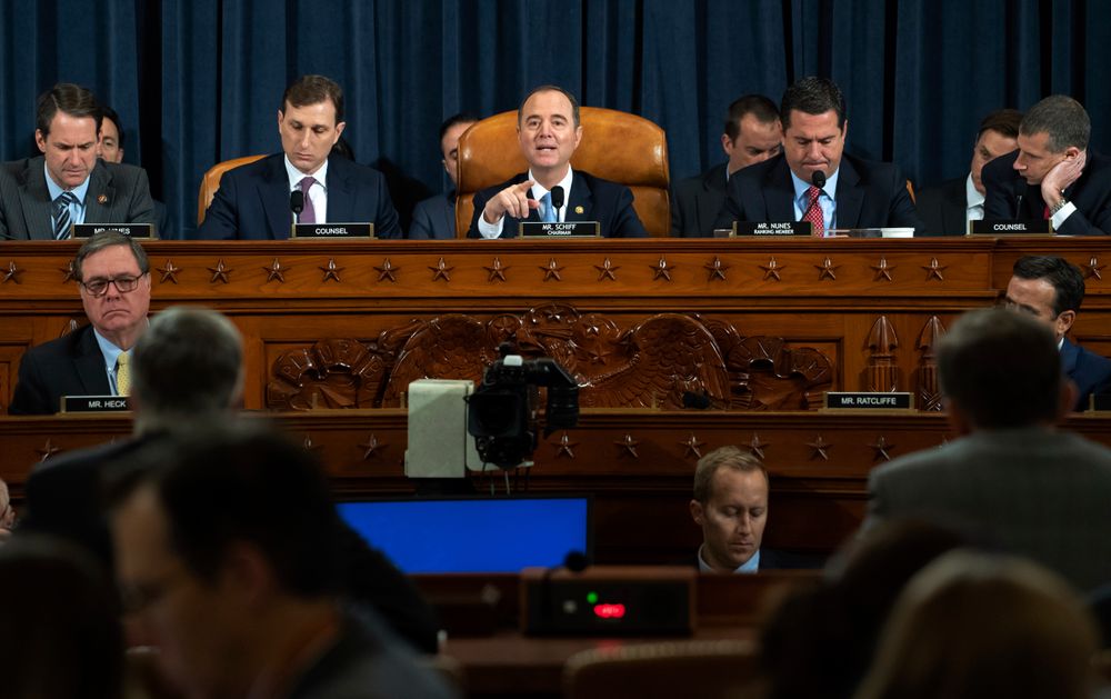 House Intelligence Committee Chairman Adam Schiff of Calif., center, speaks during the House Intelligence Committee on Capitol Hill in Washington, Wednesday, Nov. 13, 2019
