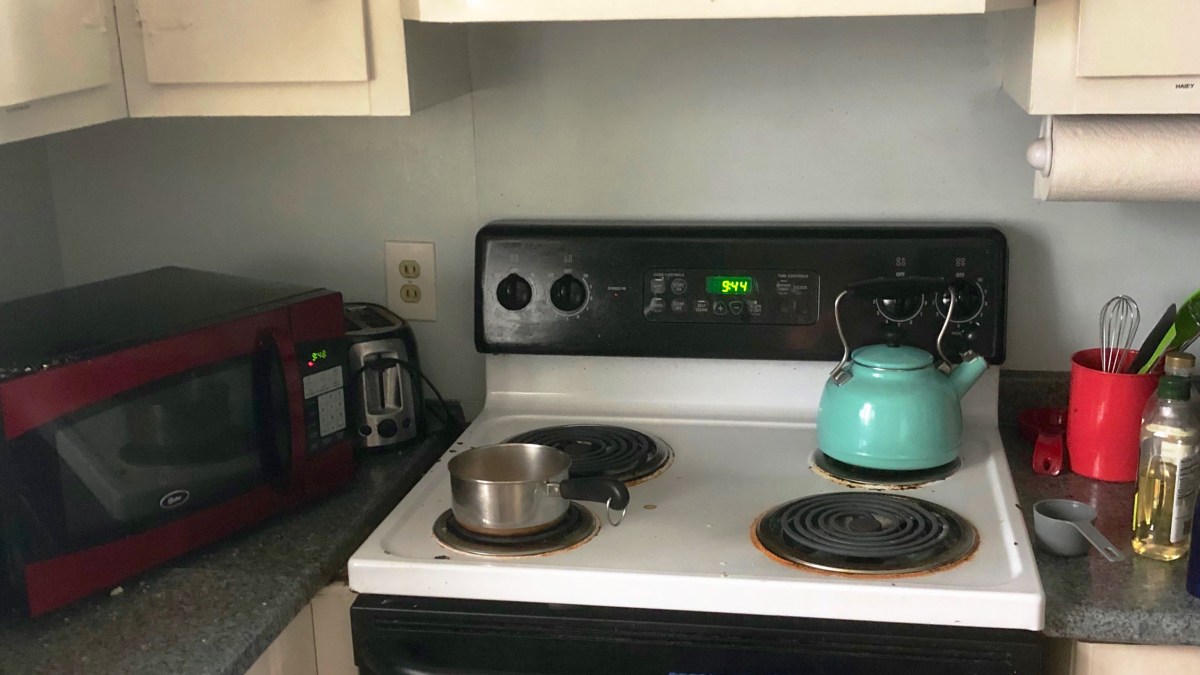 Kitchen with an electric stove and microwave-- two appliances tested for their energy usage