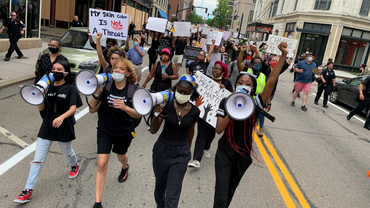 Protesters marching from Central High School into downtown Providence.