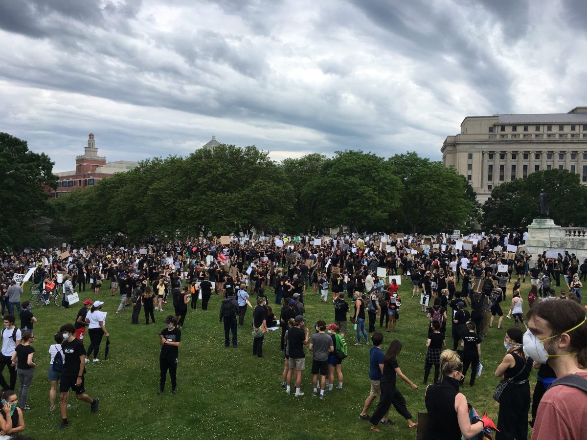 Protesters gathered on the lawn of the Rhode Island State House