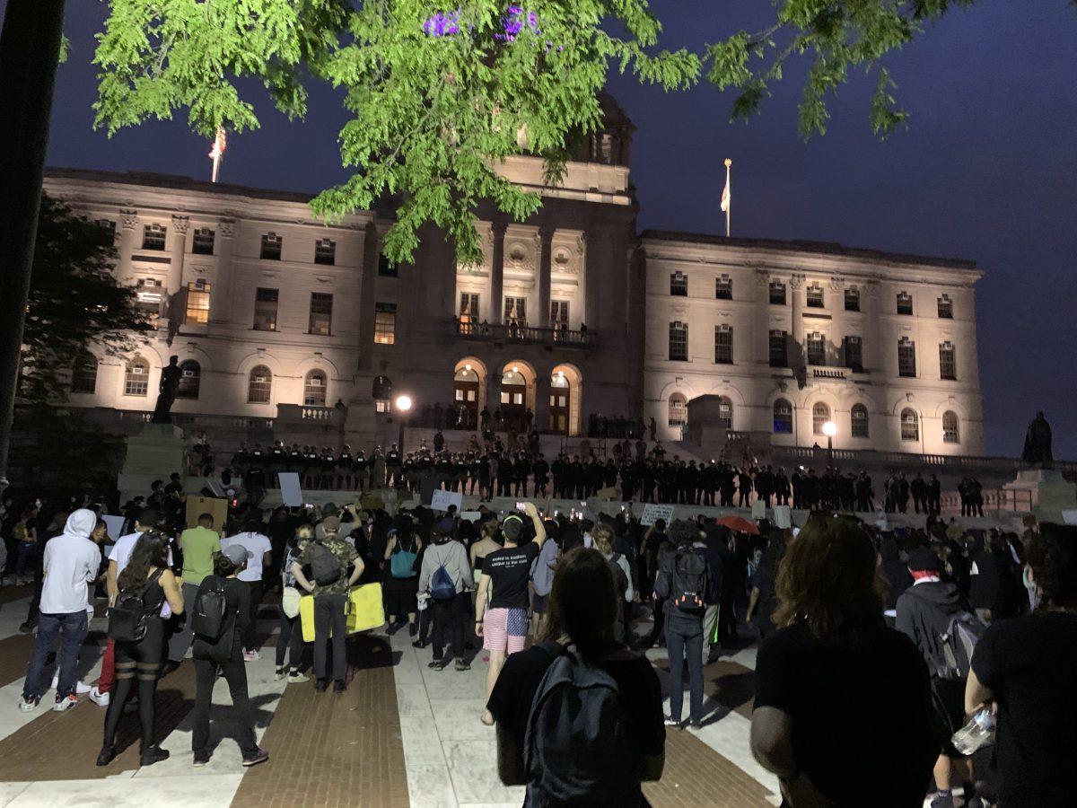 Protesters and police at the Rhode Island State House on June 5, 2020