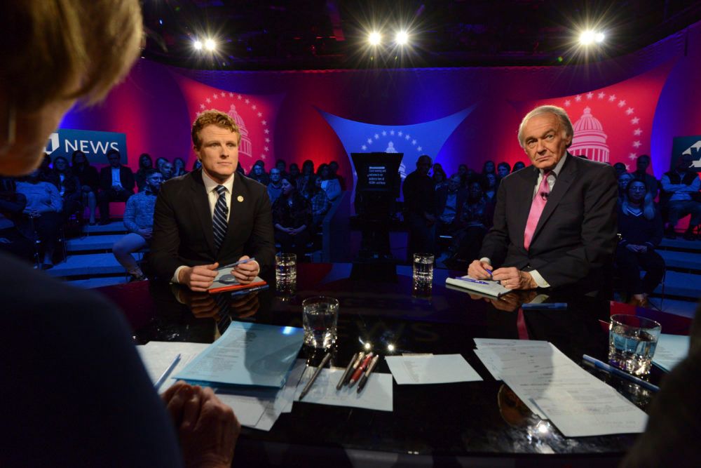 U.S. Rep. Joe Kennedy III, D-Mass, left, and Sen. Ed Markey, right, square off in the first senate primary debate hosted by WGBH News in February at the WGBH Studios in Boston.