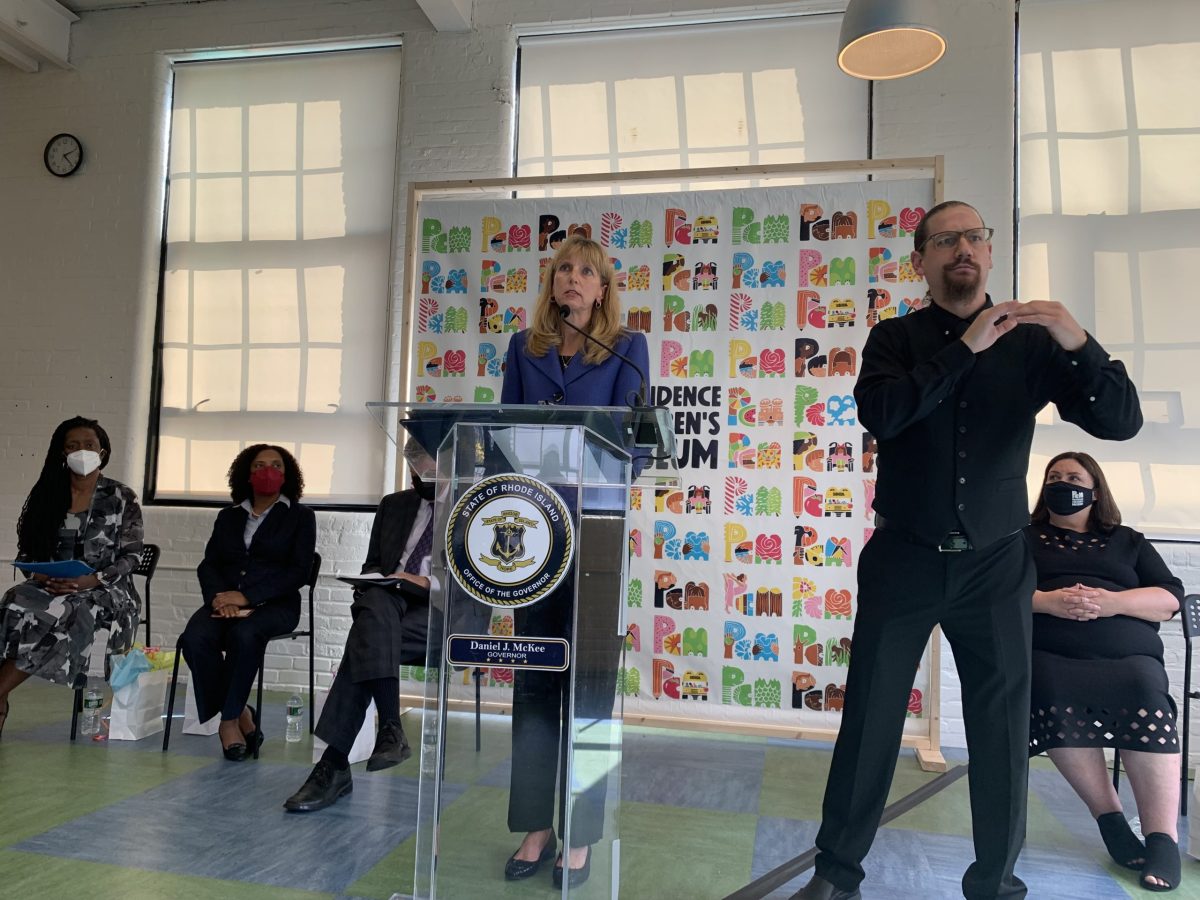 Dr. Elizabeth Lang, a pediatrician, speaking about vaccinating children against COVID-19 at a news conference at the Providence Children's Museum in mid-October.