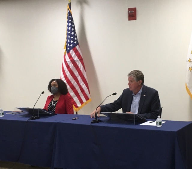 McKee with Lt. Gov. Sabina Matos during an August news conference.