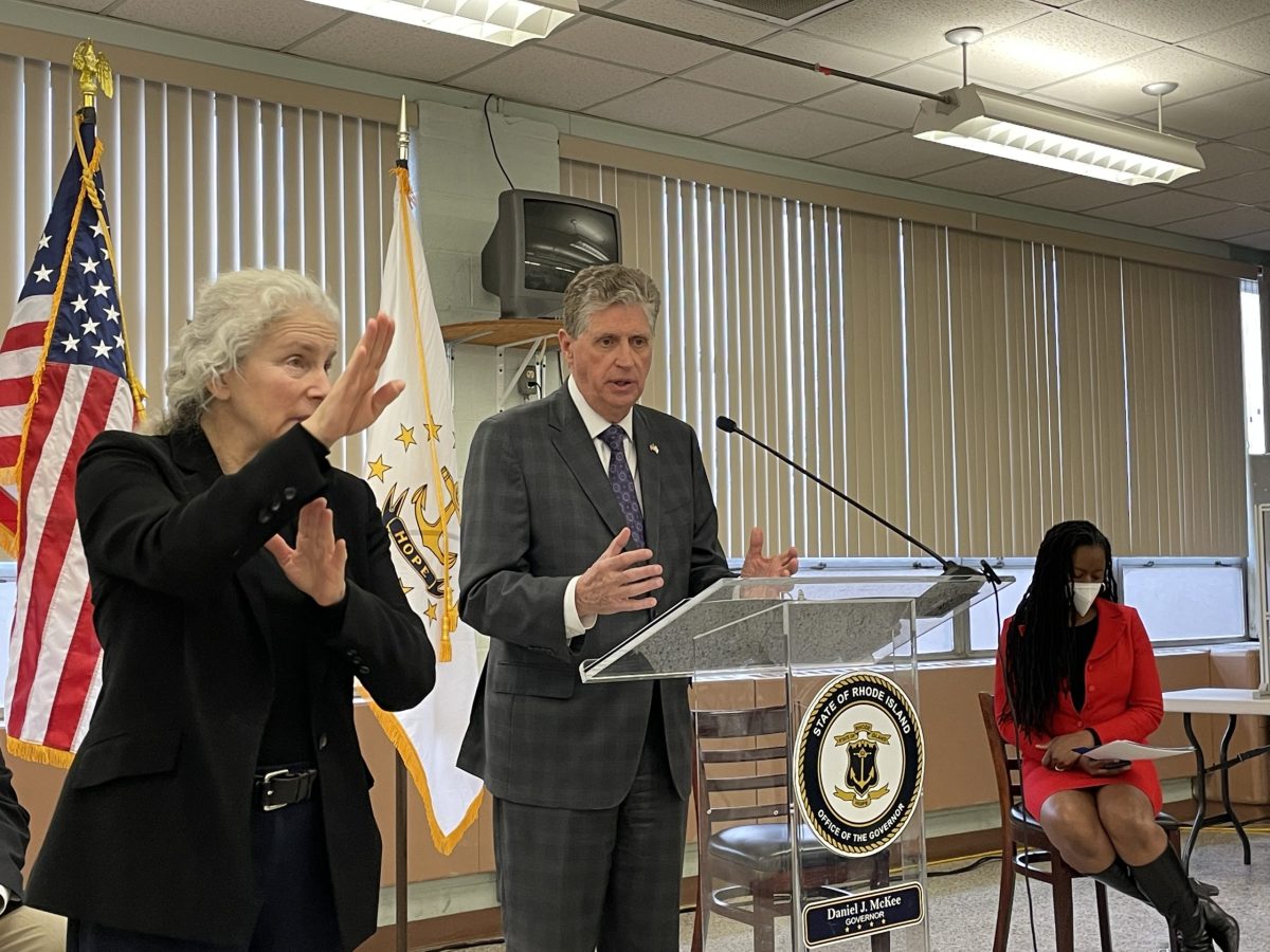 Governor Dan McKee announces new measures to address staffing shortages and COVID-19 testing issues at news conference in Woonsocket.