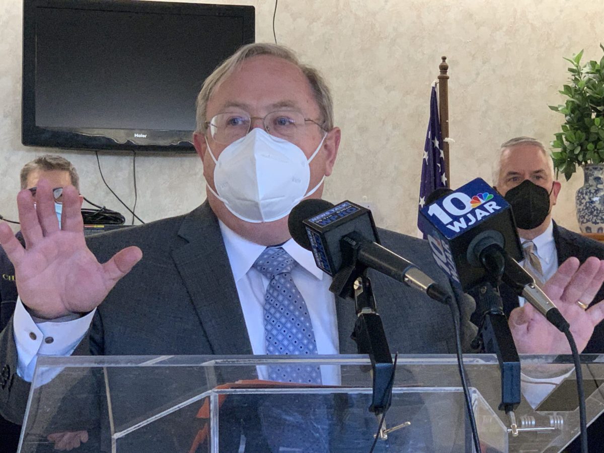 Dr. James McDonald, the new interim director of the R.I. Health Department, at a news conference with Gov. Dan McKee on Jan. 27, 2022 hours after his appointment was announced