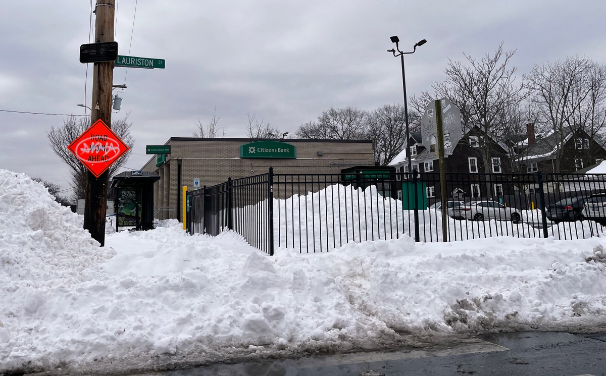 The sidewalk outside a bank on Hope Street in Providence was impassable on February 1, 2022.