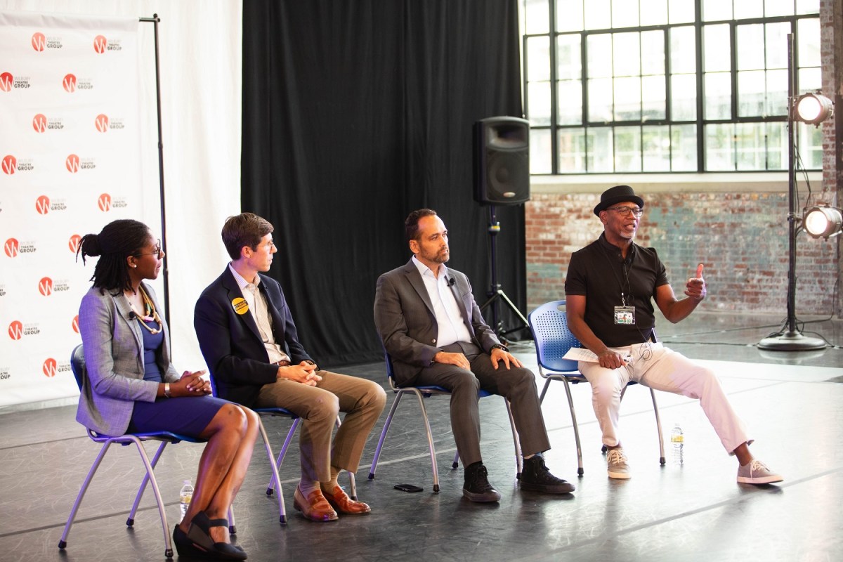Providence Mayoral Forum on Arts & Culture. L to R: Nirva LaFortune, Brett Smiley, Gonzalo Cuervo, Don Mays