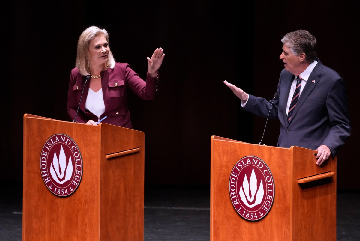 Republican Ashley Kalus and Democratic Gov. Dan McKee at Thursday's gubernatorial forum.