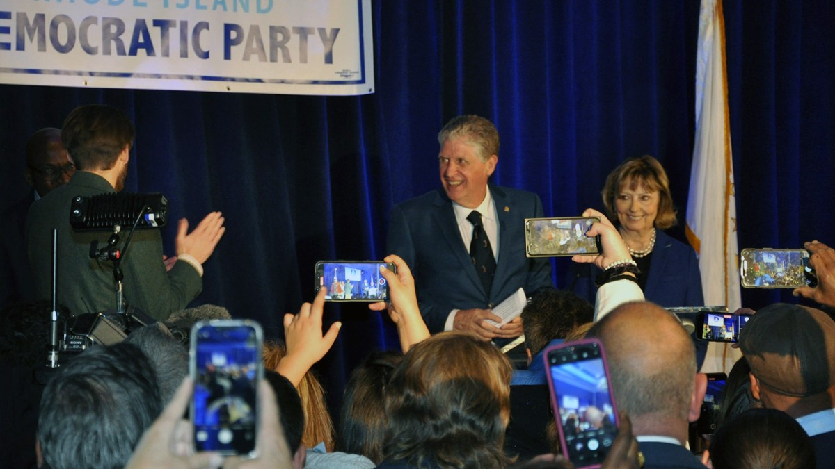 Gov. Dan McKee celebrates victory with supporters in Providence on Election Night, Nov. 8, 2022.