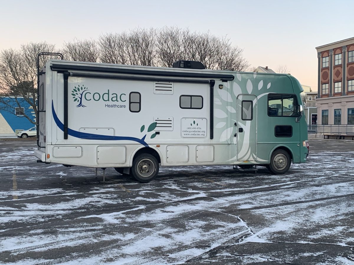 The mobile clinic operated by CODAC in the parking lot of a nonprofit in Woonsocket, R.I. December 2022