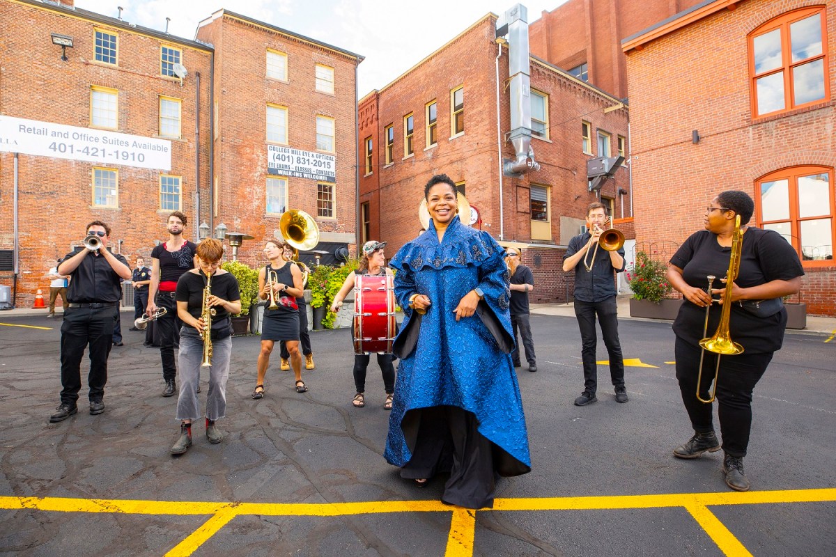 RISD President Crystal Williams on inauguration day with Undertow Brass Band