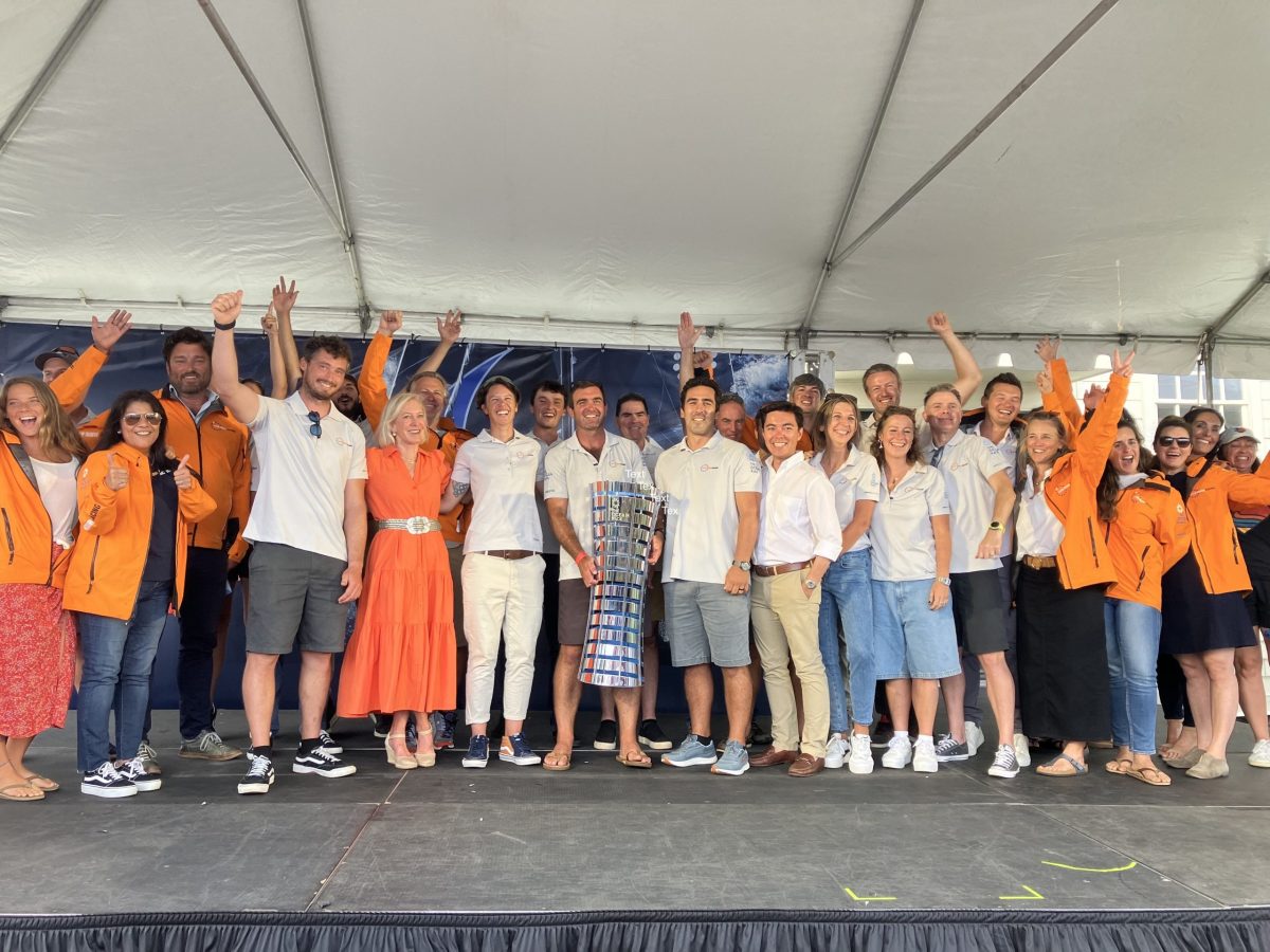 The entire 11th Hour Racing team joins local politicians to celebrate their victory in the 2022-2023 round-the-world Ocean Race, in Newport, on Friday, Aug. 4, 2023.