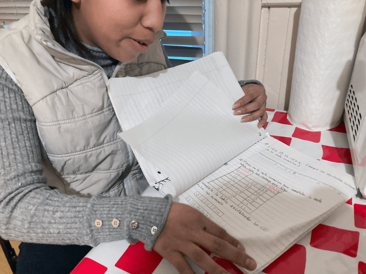 Alondra, a recent immigrant from Guatemala, shows off her school work.
