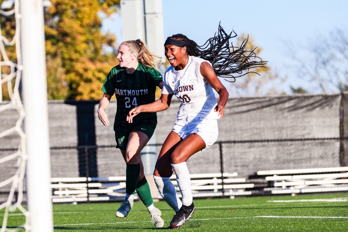 Brittany Raphino of Brown exults after assisting on Audrey Lam's goal that gave Brown a 2-0 lead over Dartmouth on Oct. 28.