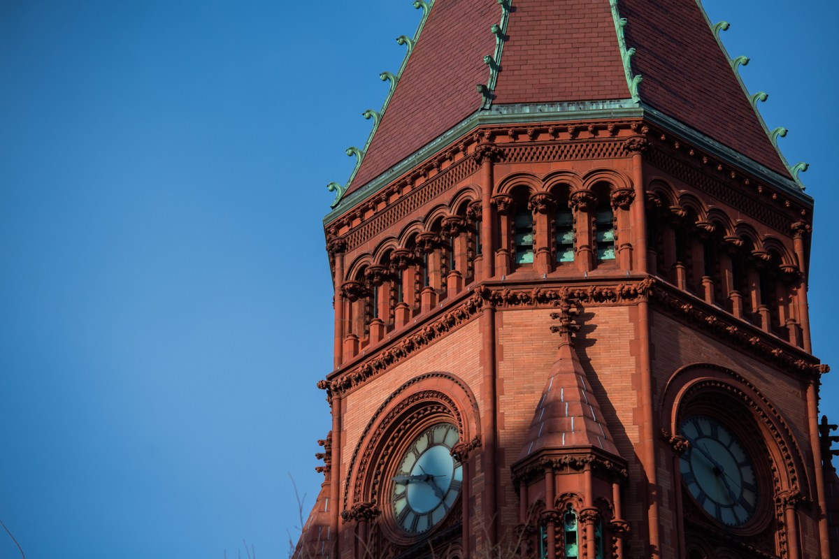 A view of the tower at Fairhaven Town Hall.