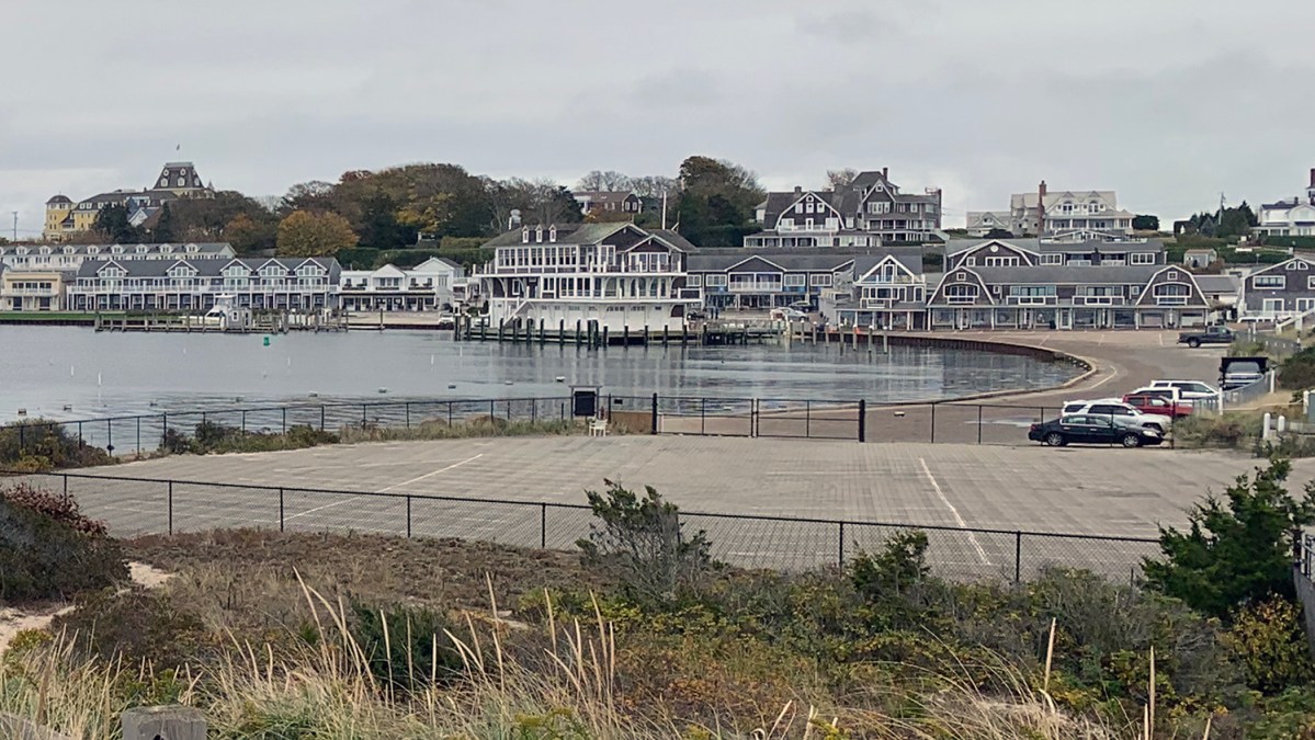 A view from Napatree Point shows a town-designated right-of-way through a parking lot owned by the Watch Hill Fire District.