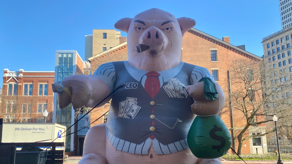 The union representing RISD workers installed a balloon symbolizing capitalist greed on April 3.