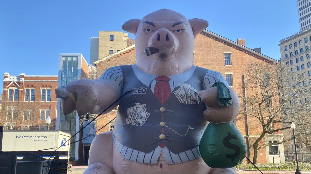 The union representing RISD workers installed a balloon symbolizing capitalist greed on April 3.
