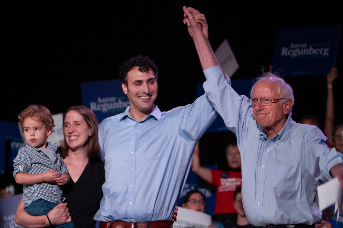 Aaron Regunberg introduced Vermont Senator Bernie Sanders alongside his family, wife Katie, and 2-year-old son Asa.