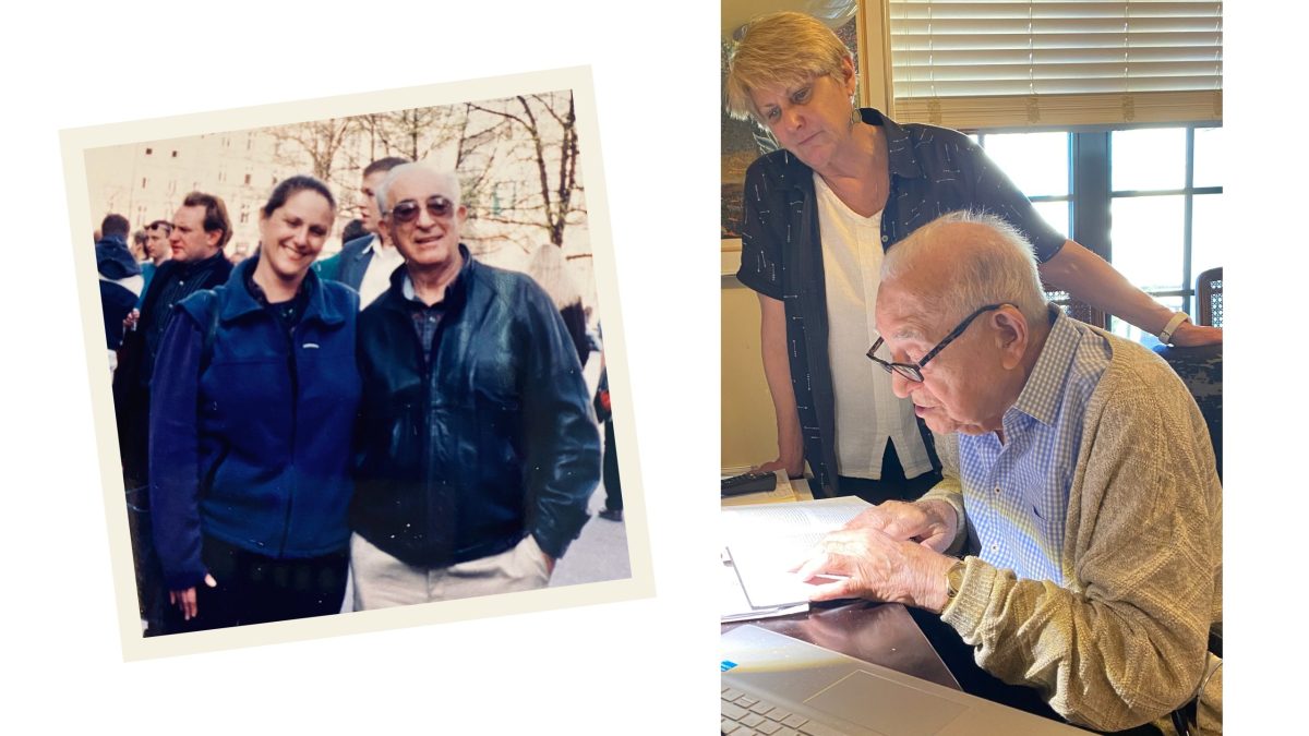 Judy and Cousin Sam (left) in Poland when they first embarked on the search in the 1990s; (right) Judy watching Sam reading Polish documents
