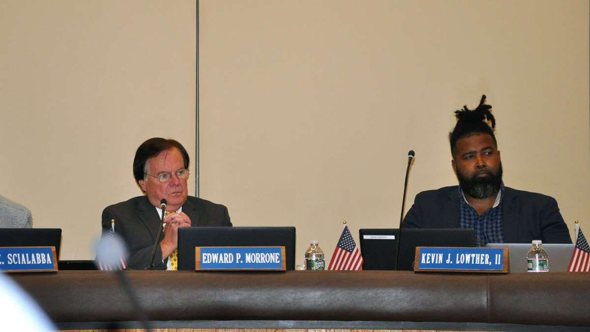 Edward Morrone and Kevin Lowther, who replaces Morrone as acting council president, are pictured at a Westerly Town Council meeting earlier this year.