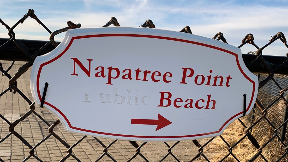 A photo taken in February 2022 shows a sign at Napatree Point with the word “public” no longer showing at the entrance to the conservation area. The sign has since been removed and the Watch Hill Fire District and Watch Hill Conservancy say members of the public are allowed to walk onto Napatree Point.