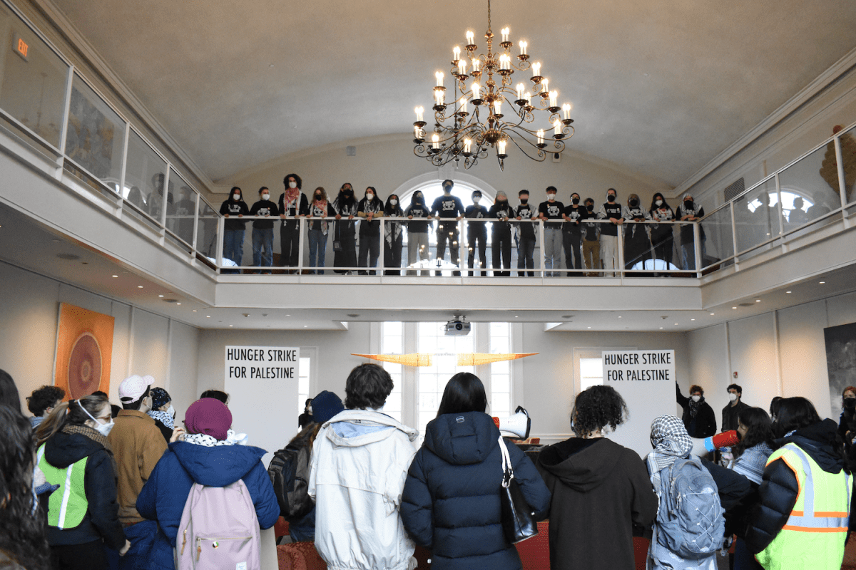 Student protestors lining halls at Brown University