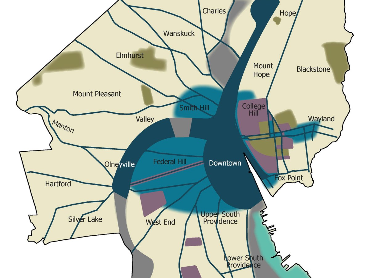 Map of Providence showing highlighted areas where the city will likely introduce new zoning regulations to guide development over the next decade.