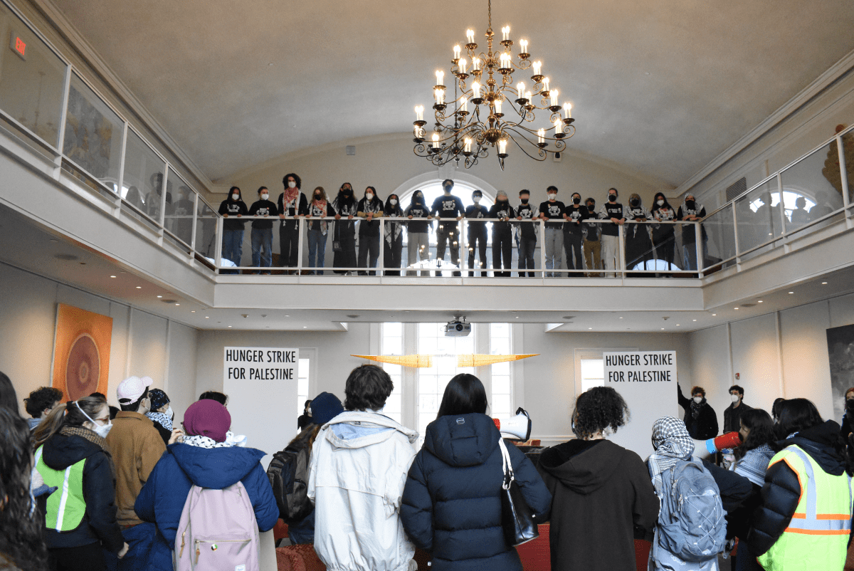 Student protestors at Brown University's campus center